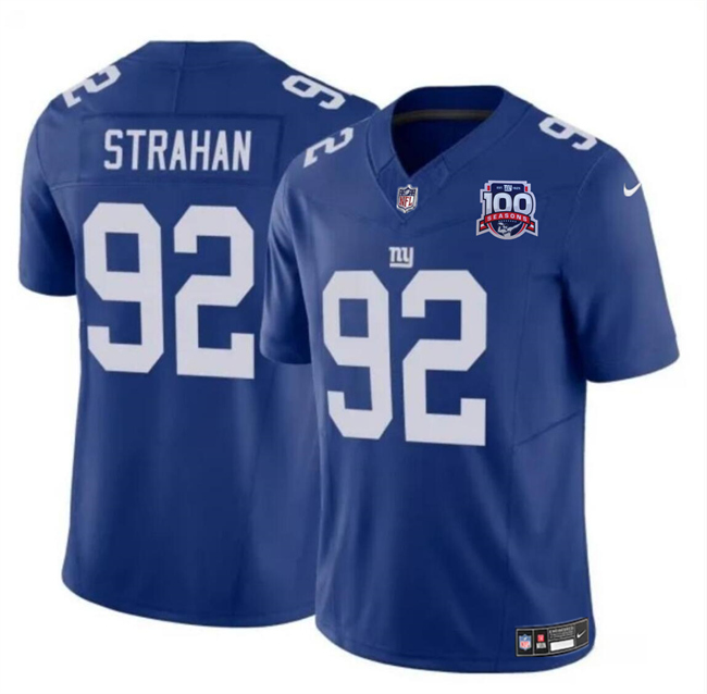 Men's New York Giants #92 Michael Strahan Blue 2024 F.U.S.E. 100TH Season Patch Vapor Untouchable Limited Football Stitched Jersey